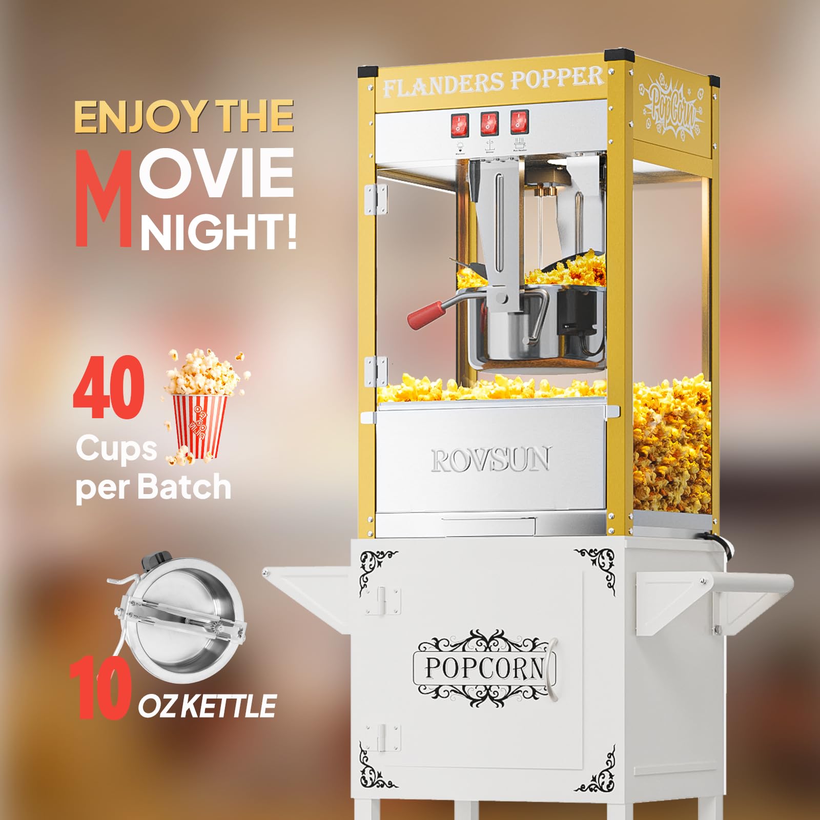 ROVSUN 10 oz Kettle 800W 120V Popcorn Machine Cart Gold