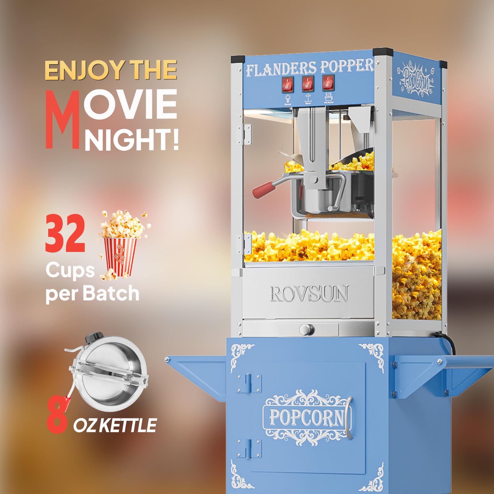 ROVSUN 8 oz Kettle 800W 120V Popcorn Machine Cart Blue