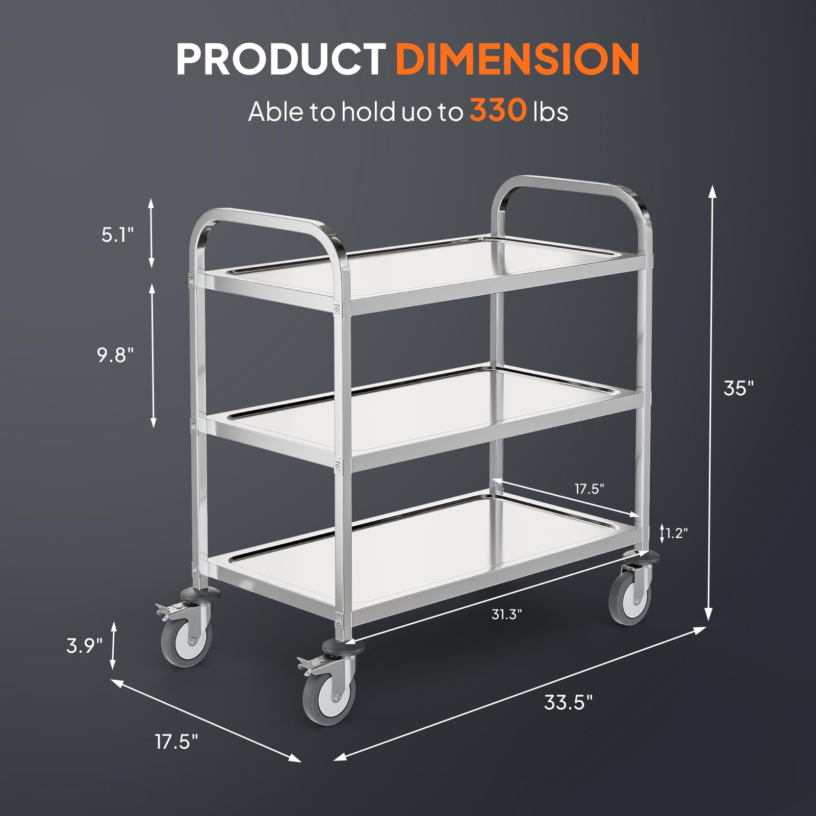 3-Tier 33" x 17" 330 lb. Capacity Stainless Steel Utility Cart