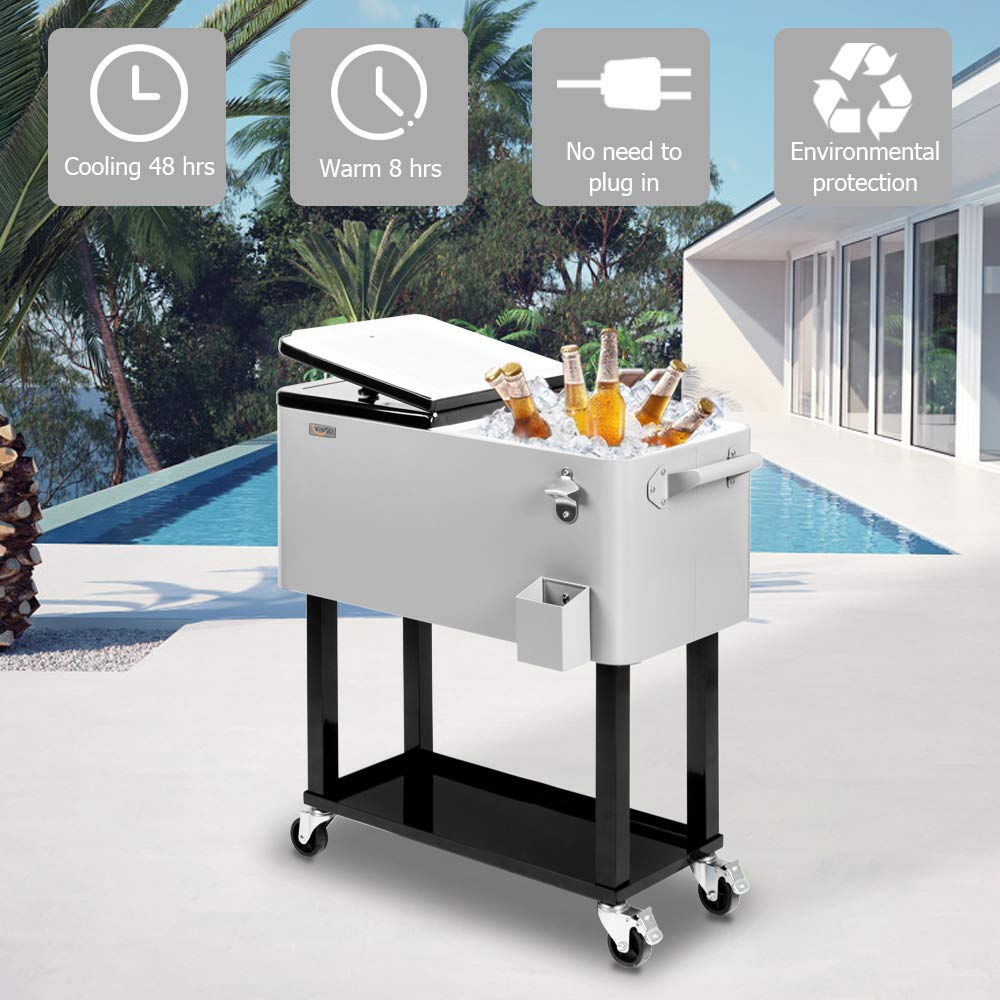 80 Quart Portable Outdoor Patio Rolling Cooler Cart Grey