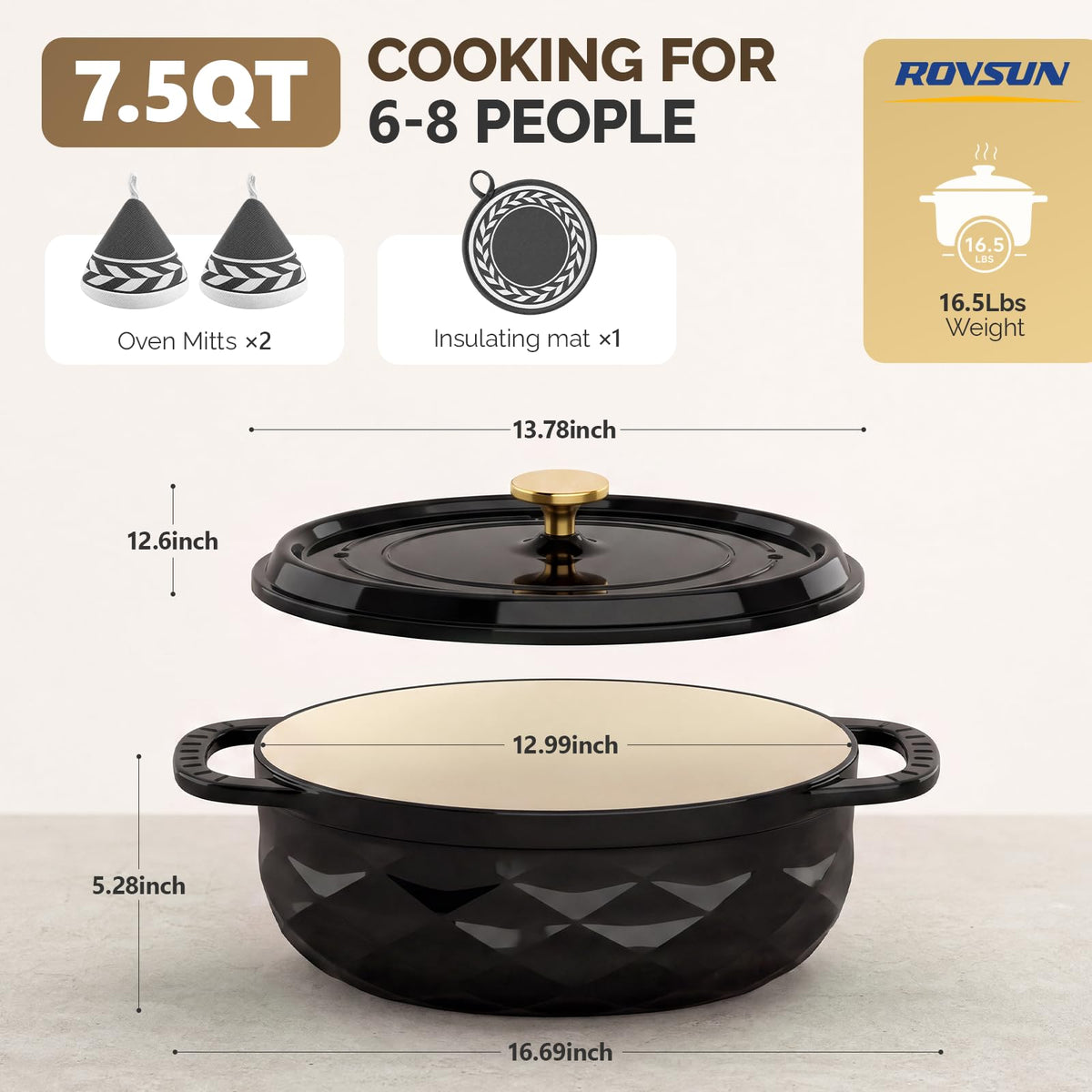 ROVSUN 7.5 QT Oval Enameled Cast Iron Dutch Oven Pot Black
