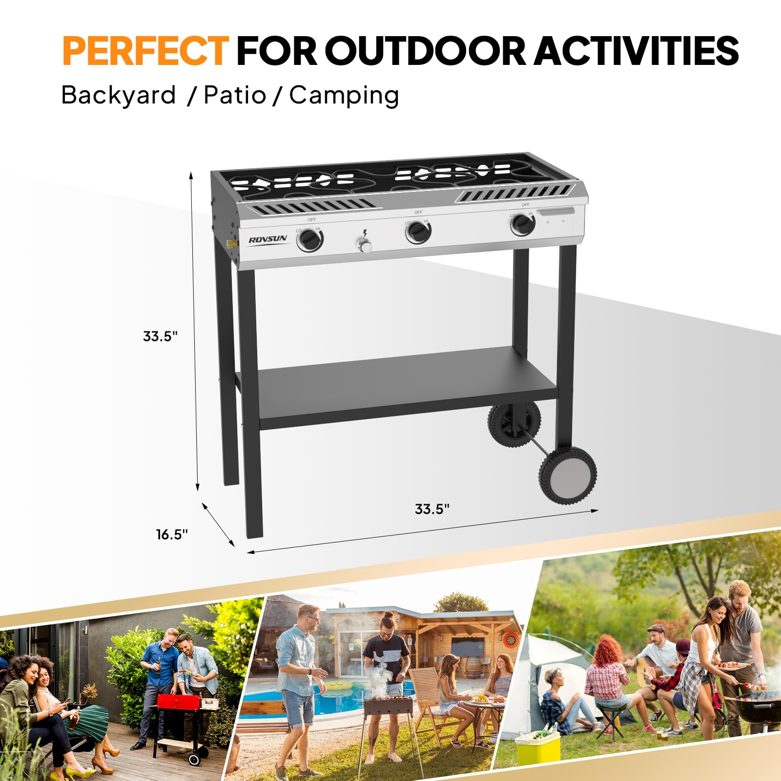 ROVSUN 3 Burner 225,000 BTU Outdoor Gas Propane Stove with Wheels