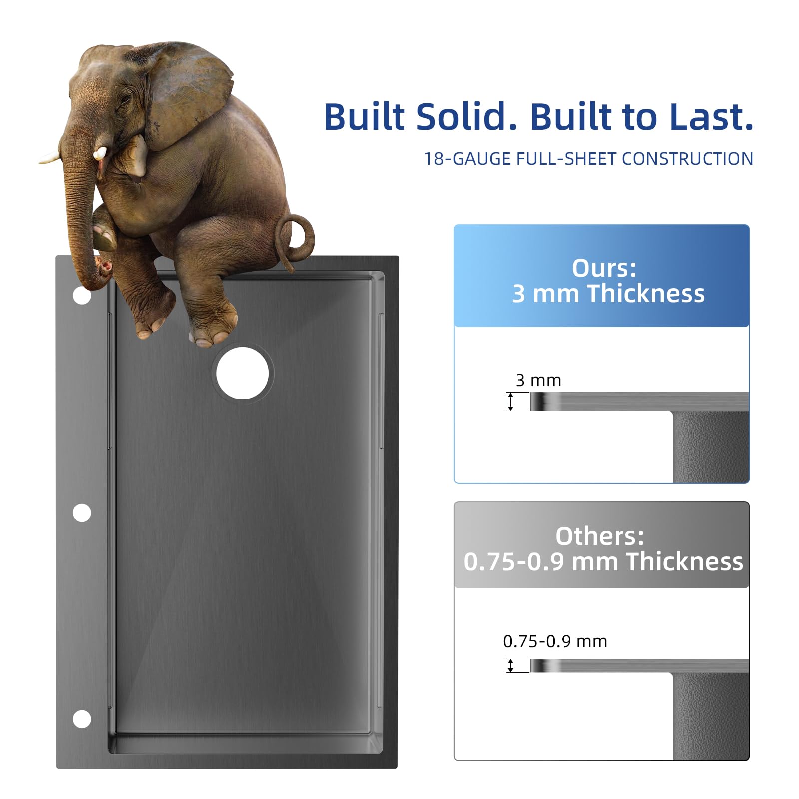 ROVSUN 33" x 22" Drop-in Waterfall Kitchen Sink with Left Drain Black