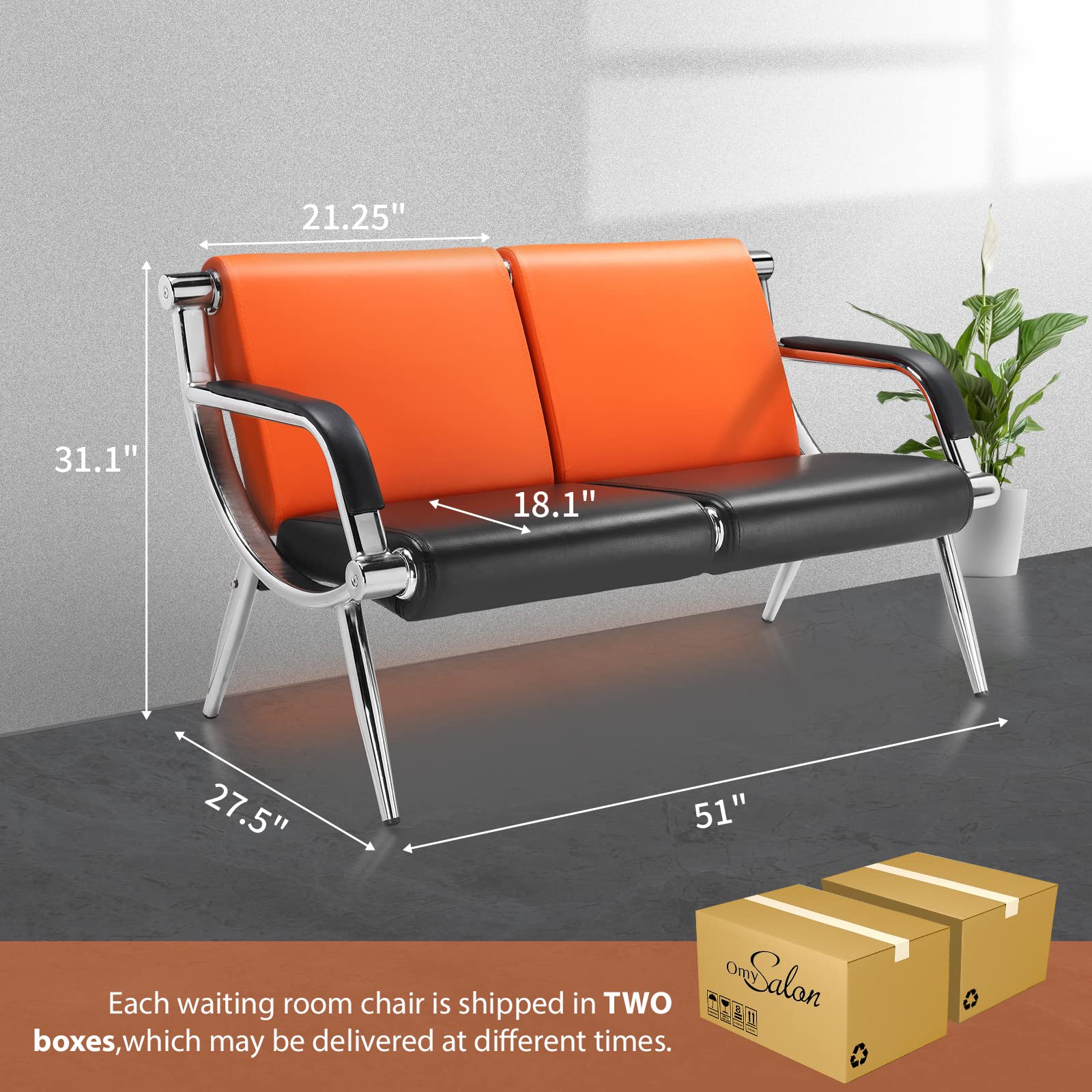 51" 2 Seat Waiting Chair Bench Seating PU Leather Orange