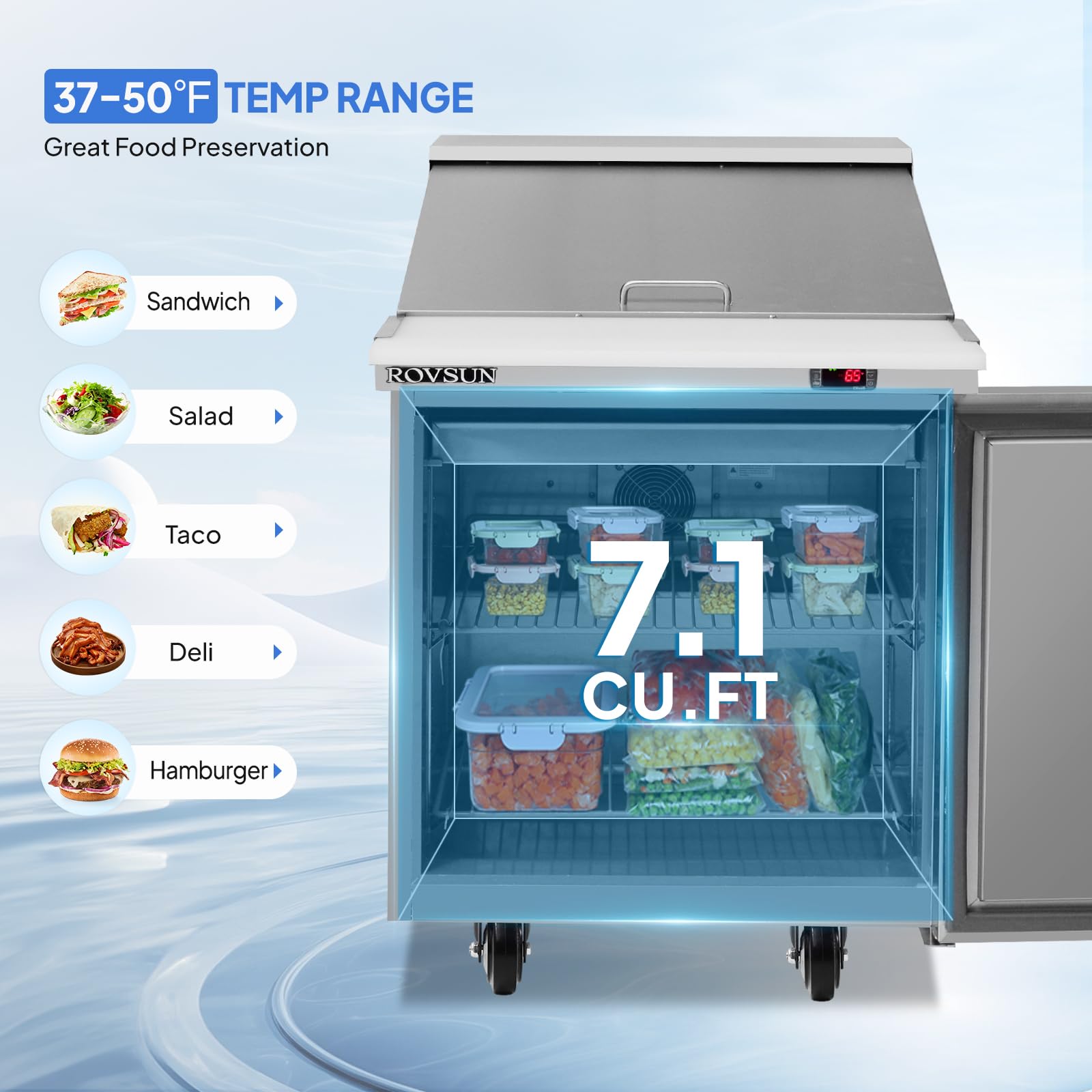 ROVSUN 28" 7.1 Cu.Ft. 320W 115V Silver Refrigerated Salad Sandwich Prep Table