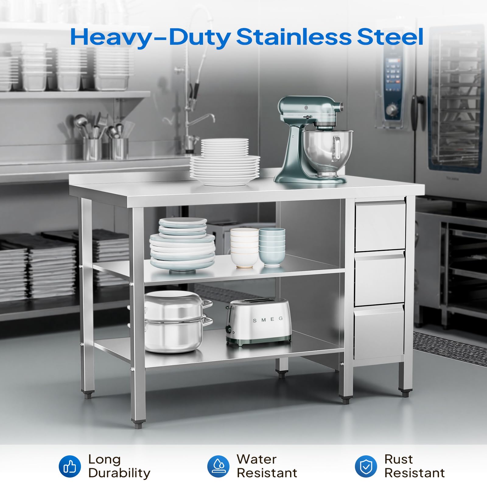 ROVSUN 48" x 24" Stainless Steel Kitchen Work Table with 3 Drawers