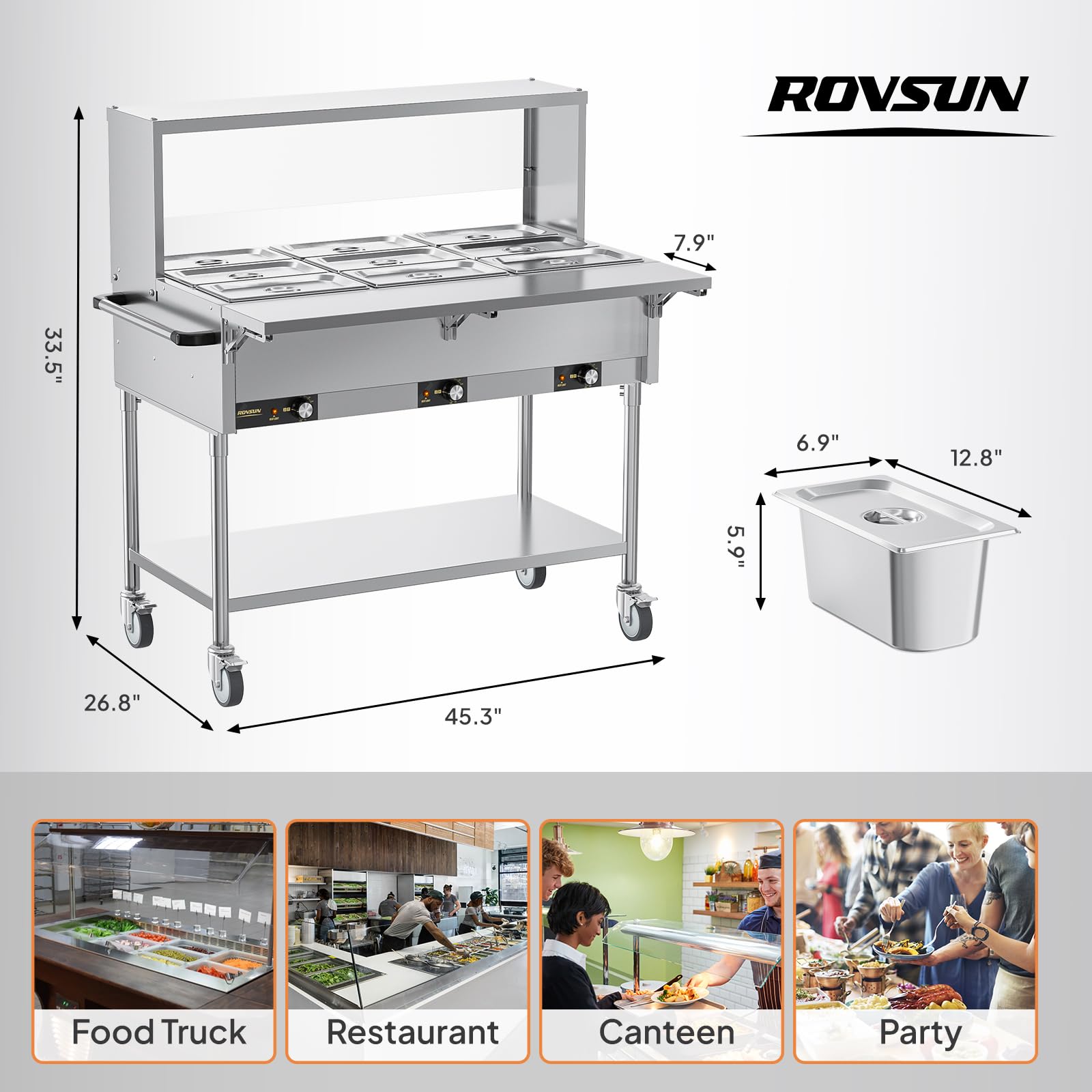 ROVSUN 72 QT 9-Pan Electric Steam Table with Independent Temp Control
