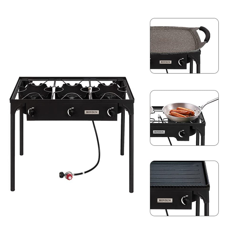ROVSUN 3 Burner 225000 BTU Outdoor Gas Propane Stove with Detachable Stand Legs for Camping Cooking