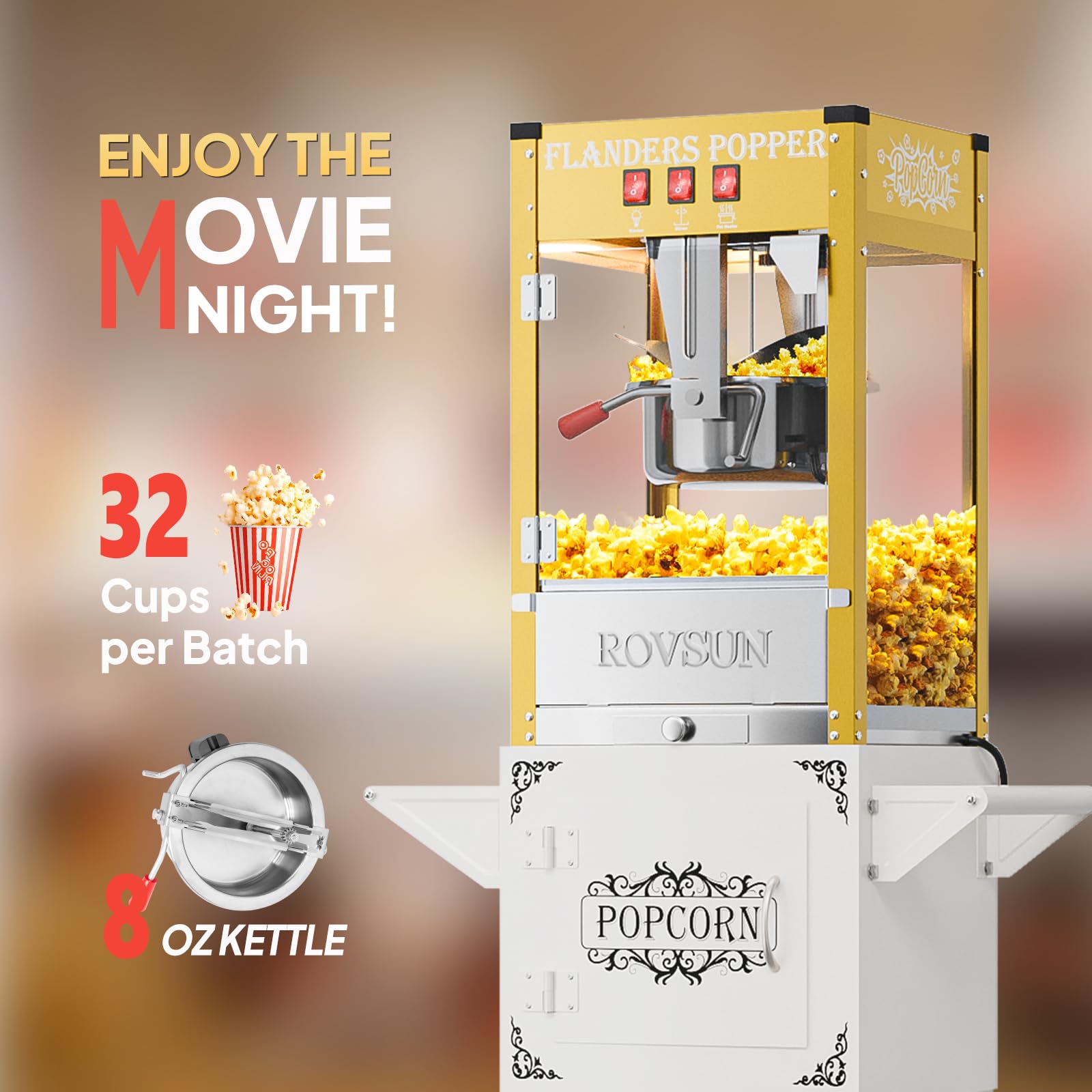 ROVSUN 8 oz Kettle 800W 120V Popcorn Machine Cart Gold