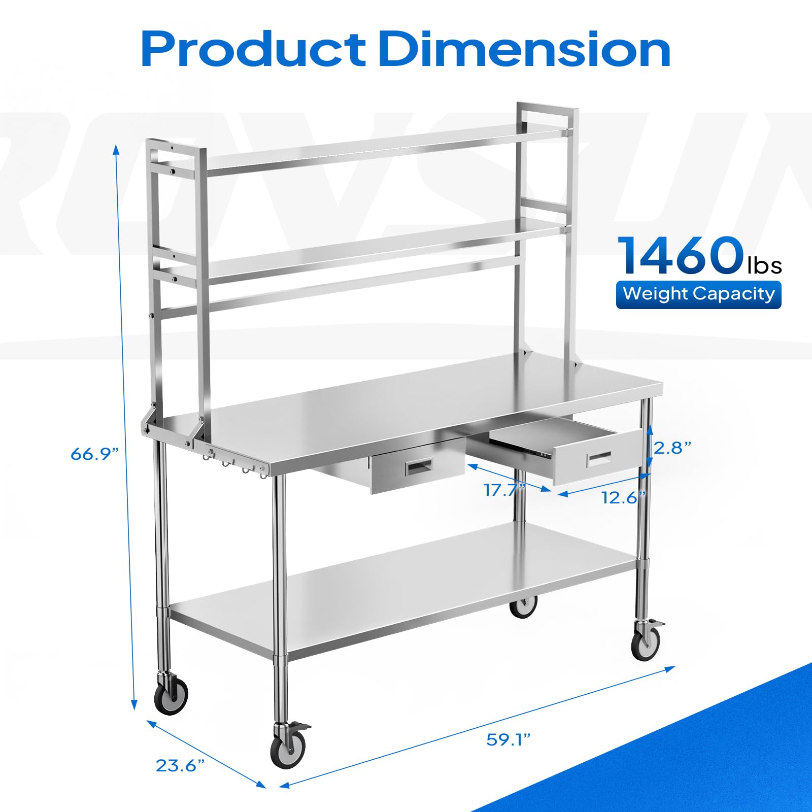 ROVSUN 60" X 24" Stainless Steel Table with Wheels & Drawers