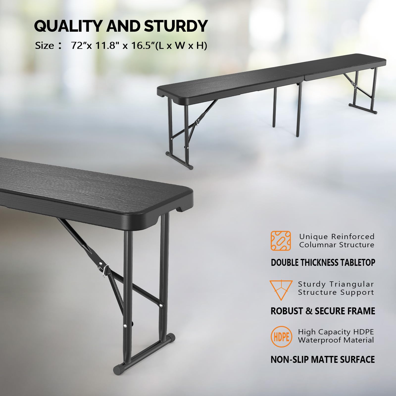 6 Feet Plastic Folding Bench Outdoor Picnic Party Seat Black
