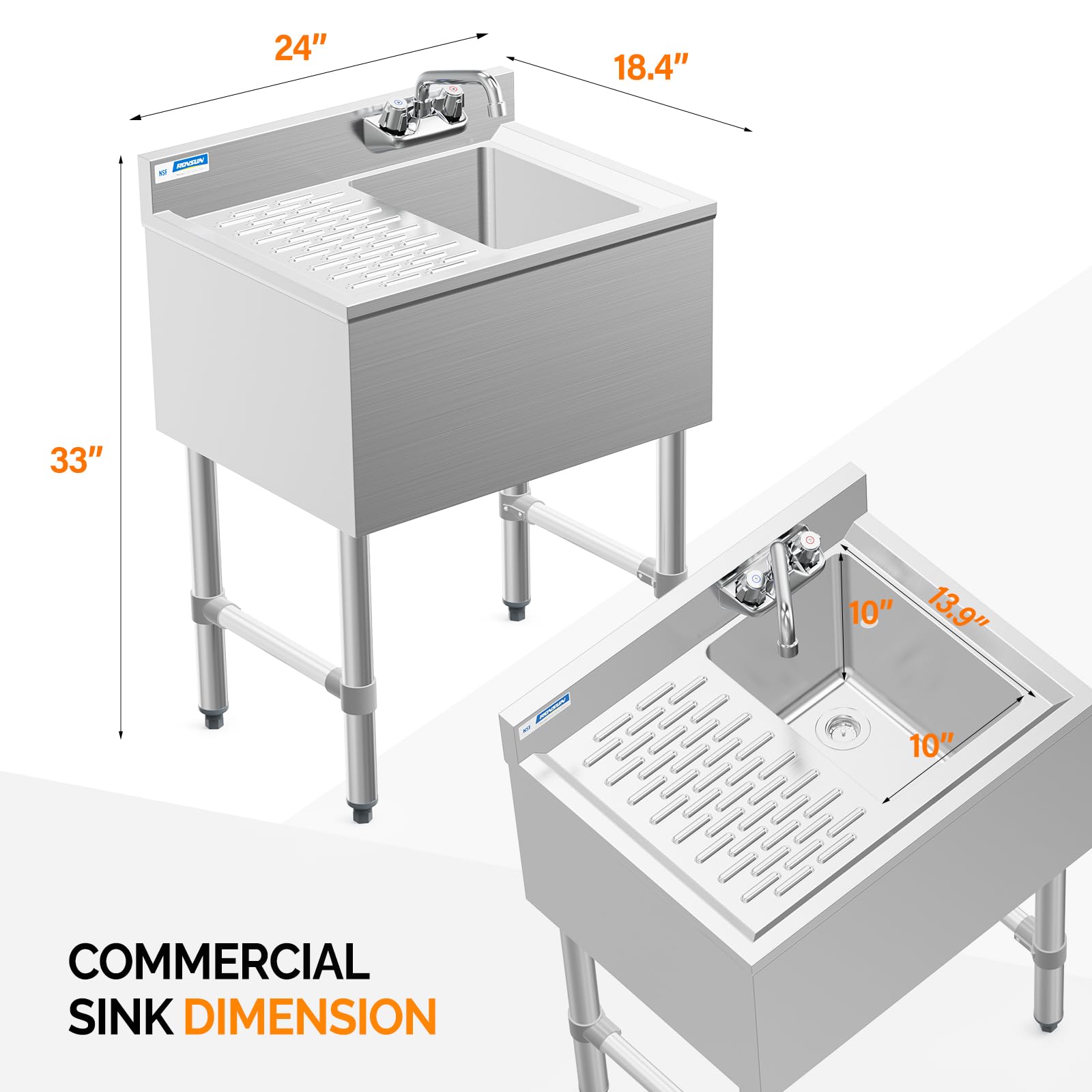 ROVSUN 24" x 18" 1 Bowl Underbar Hand Sink with Faucet & Left Drainboard