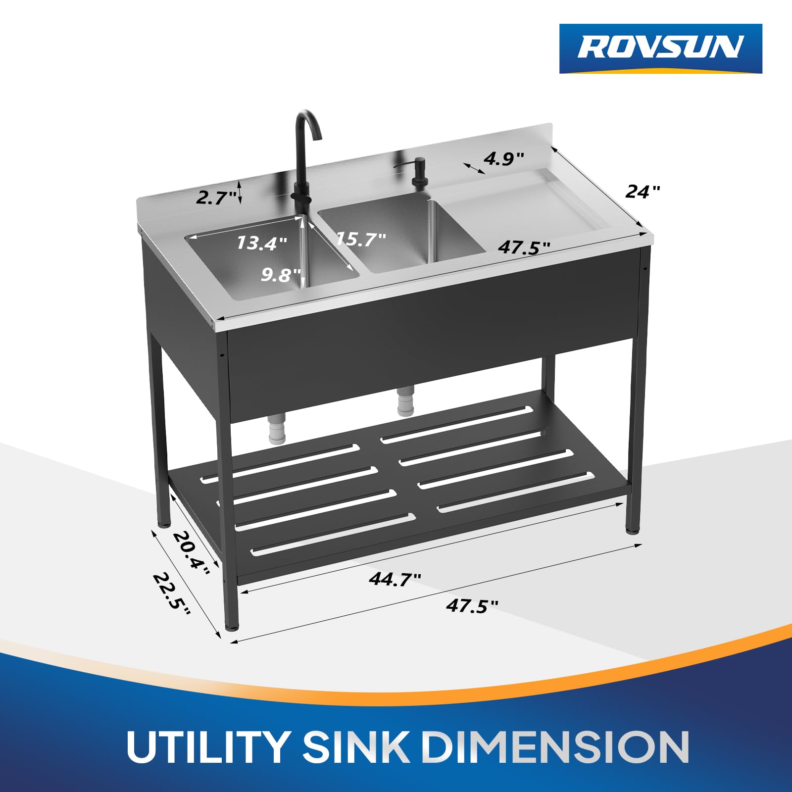 ROVSUN 48" x 24" Stainless Steel Double Bowl Utility Sink with Faucet