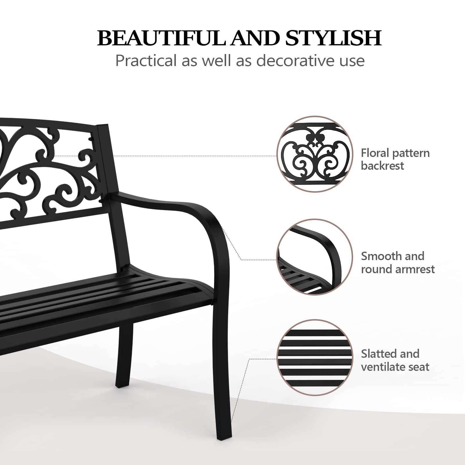 50" Outdoor Bench Metal with Floral Back