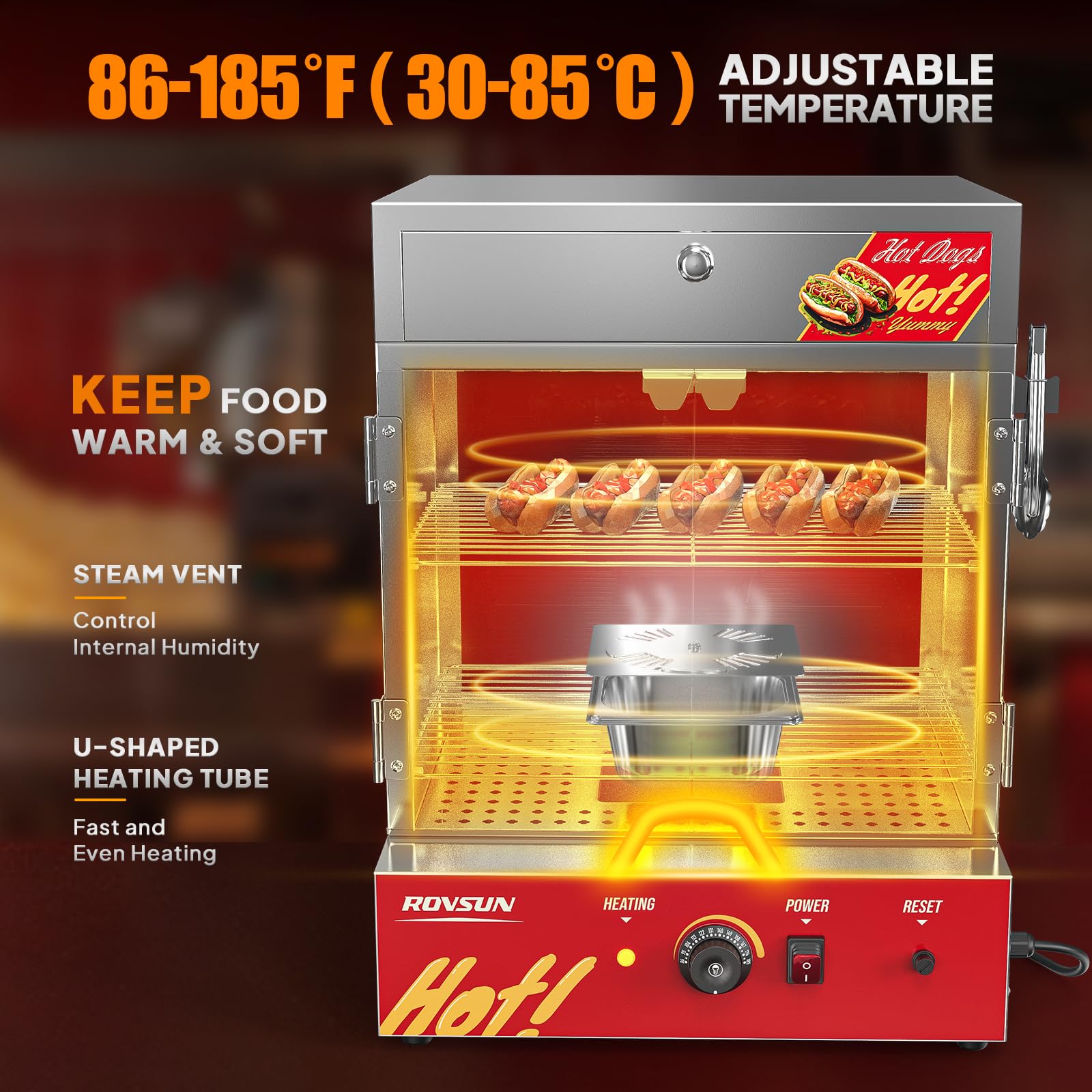 ROVSUN 49 QT 500W 110V 270 Hot Dogs / 58 Buns Hot Dog Steamer