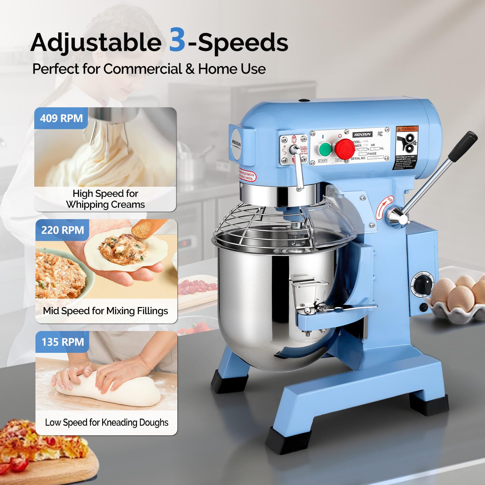 ROVSUN 10 QT 550W 110V Commercial Dough Mixer with 3 Speed Blue
