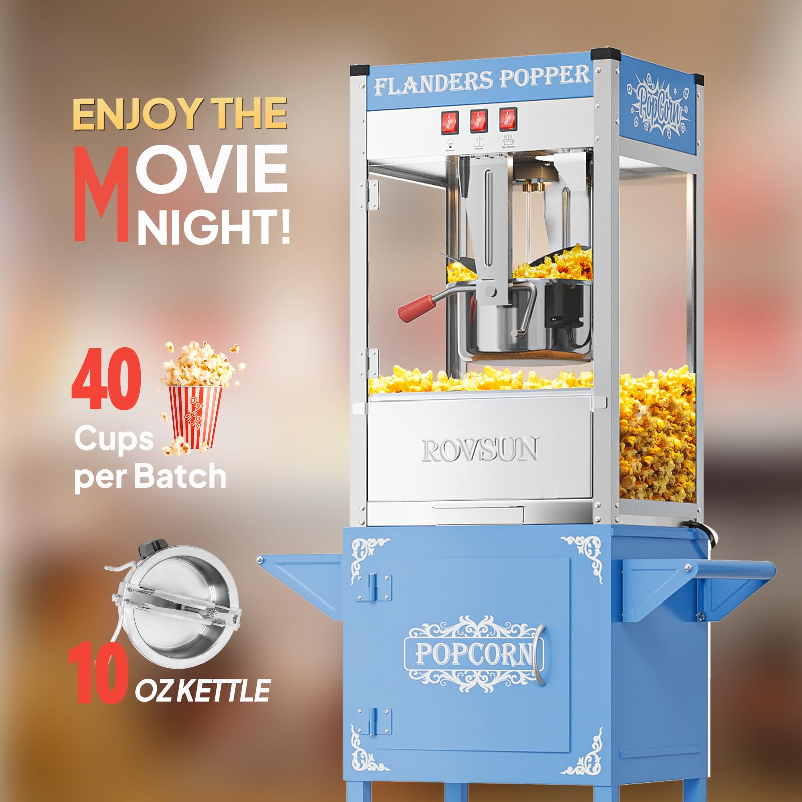 ROVSUN 10 oz Kettle 800W 120V Popcorn Machine Cart Blue