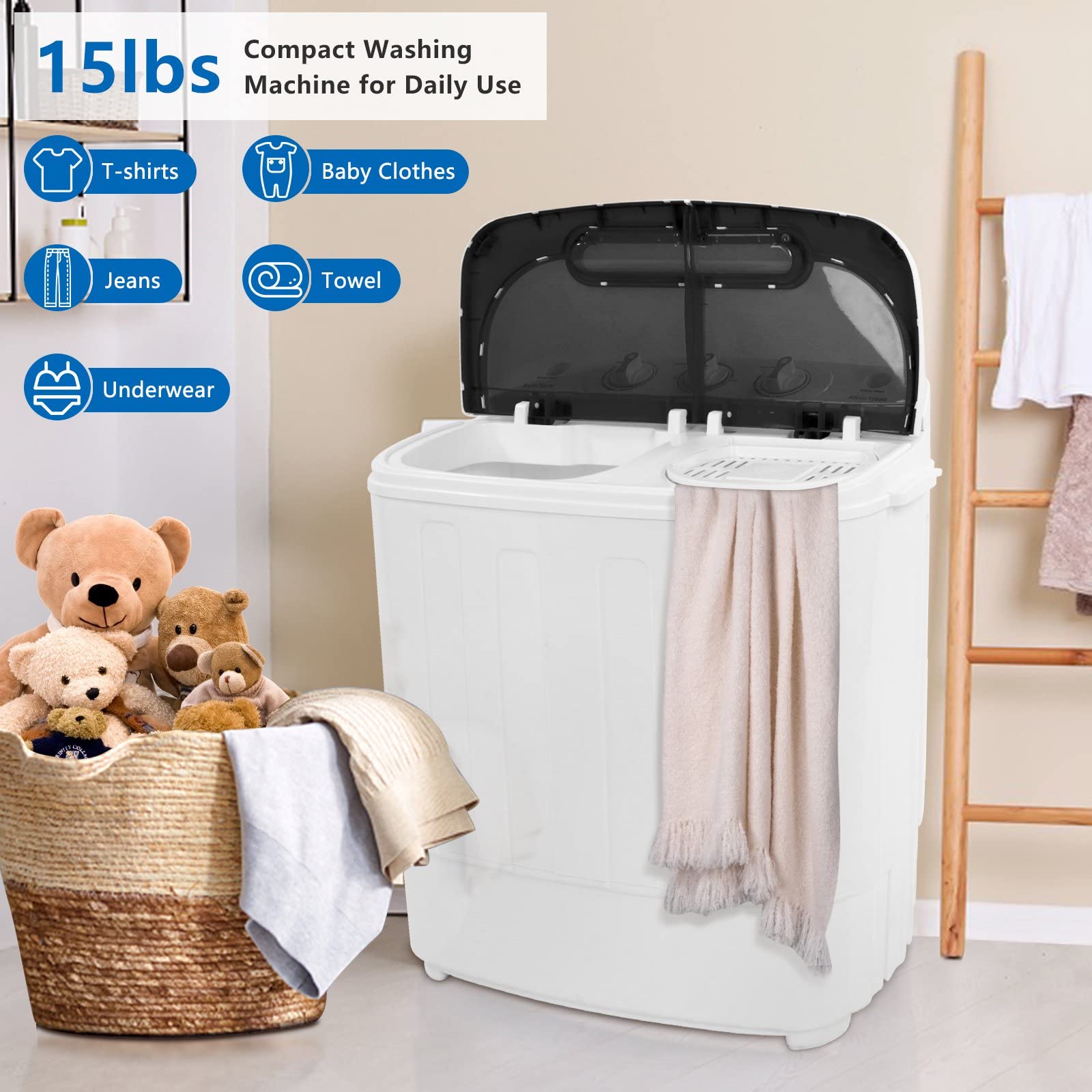 ROVSUN 15Lbs 550W 110V Portable Twin Tub Washing Machine Black