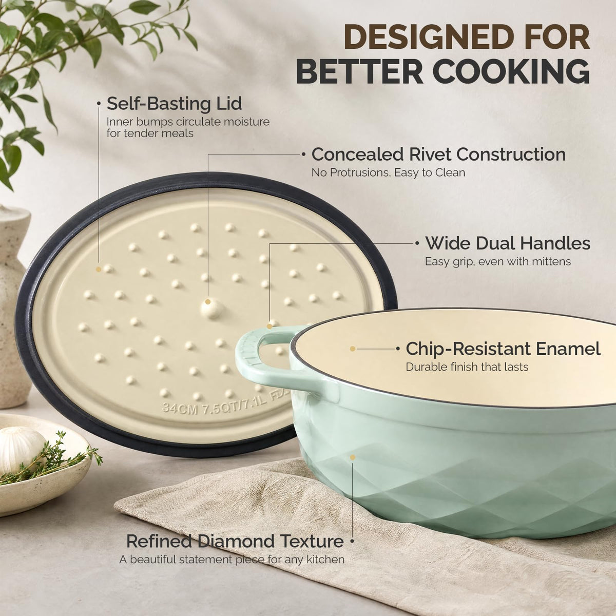 ROVSUN 7.5 QT Oval Enameled Cast Iron Dutch Oven Pot Green
