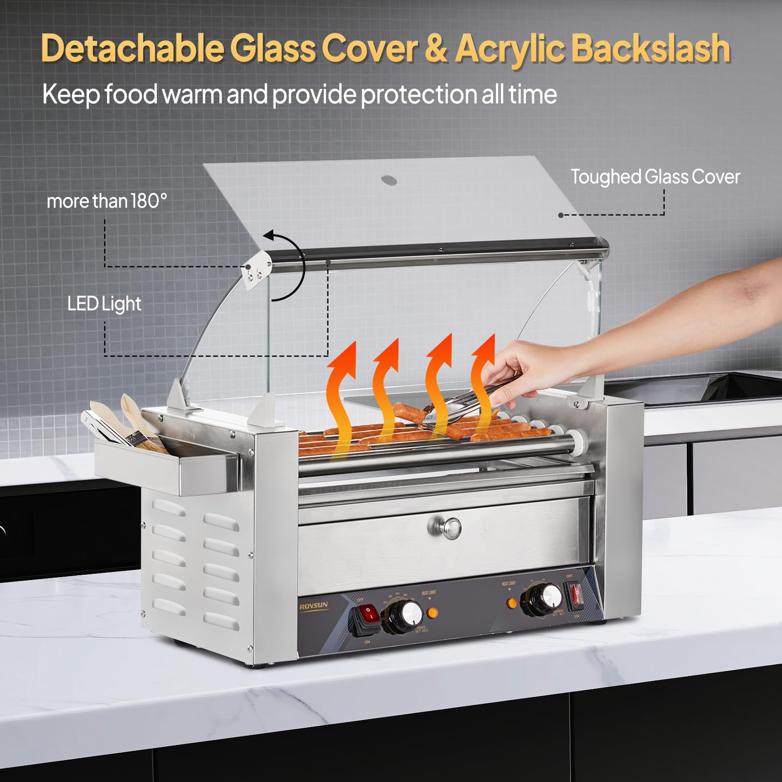 ROVSUN 5 Rollers 900W 110V 12 Hot Dog Roller Grill with Cover & Bun Warmer