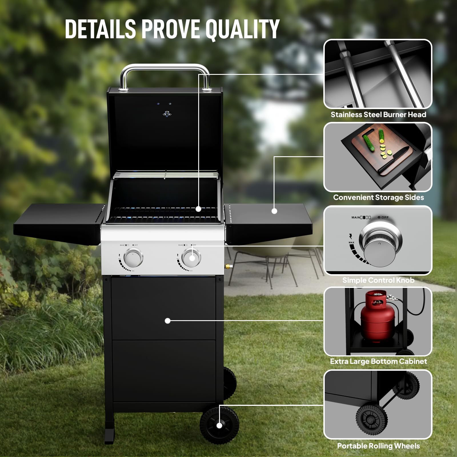 ROVSUN 2-Burner 24,000 BTU Propane Grill with Foldable Side Tables & Wheels