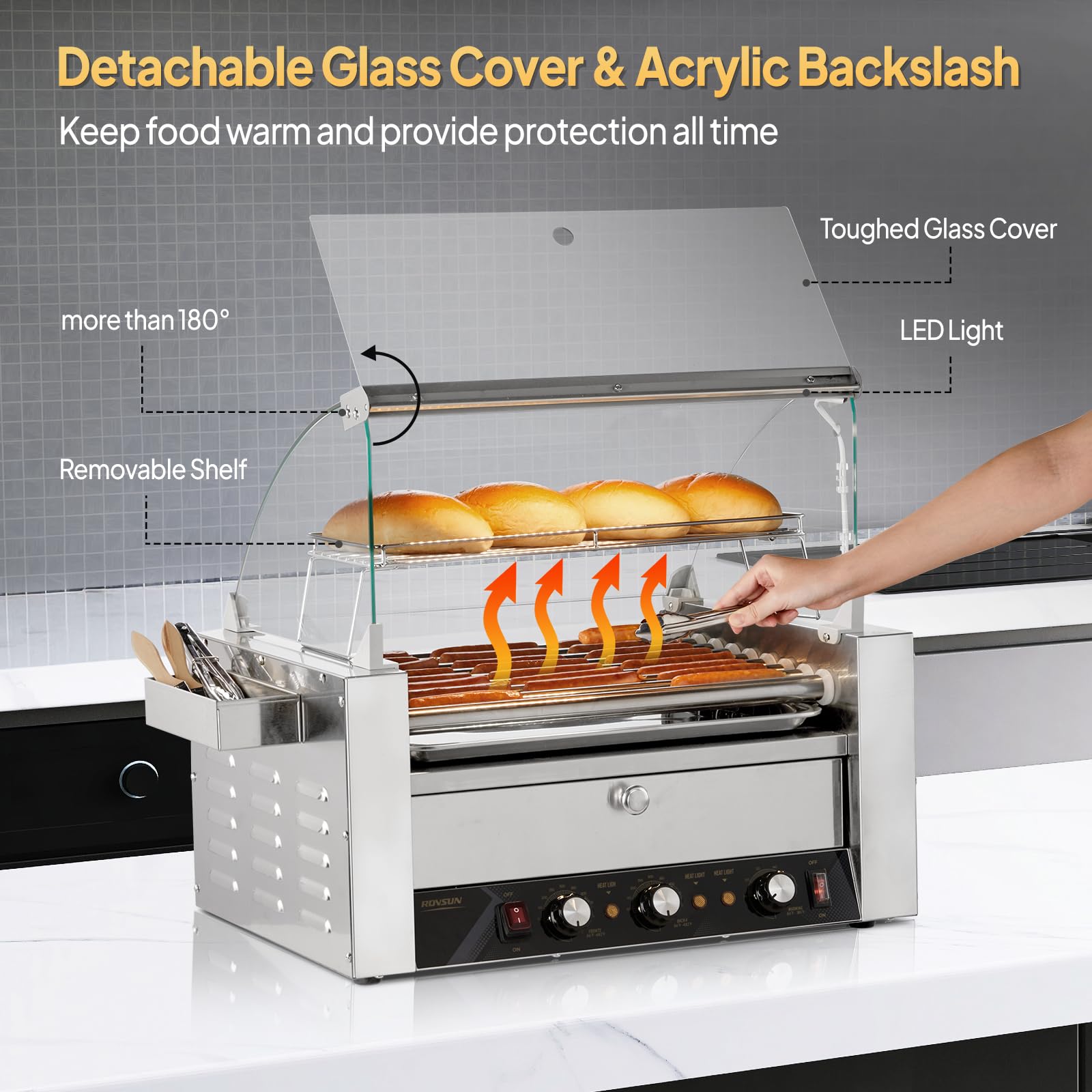 ROVSUN 9 Rollers 1,500W 110V 24 Hot Dog Roller Grill with Cover & Bun Warmer