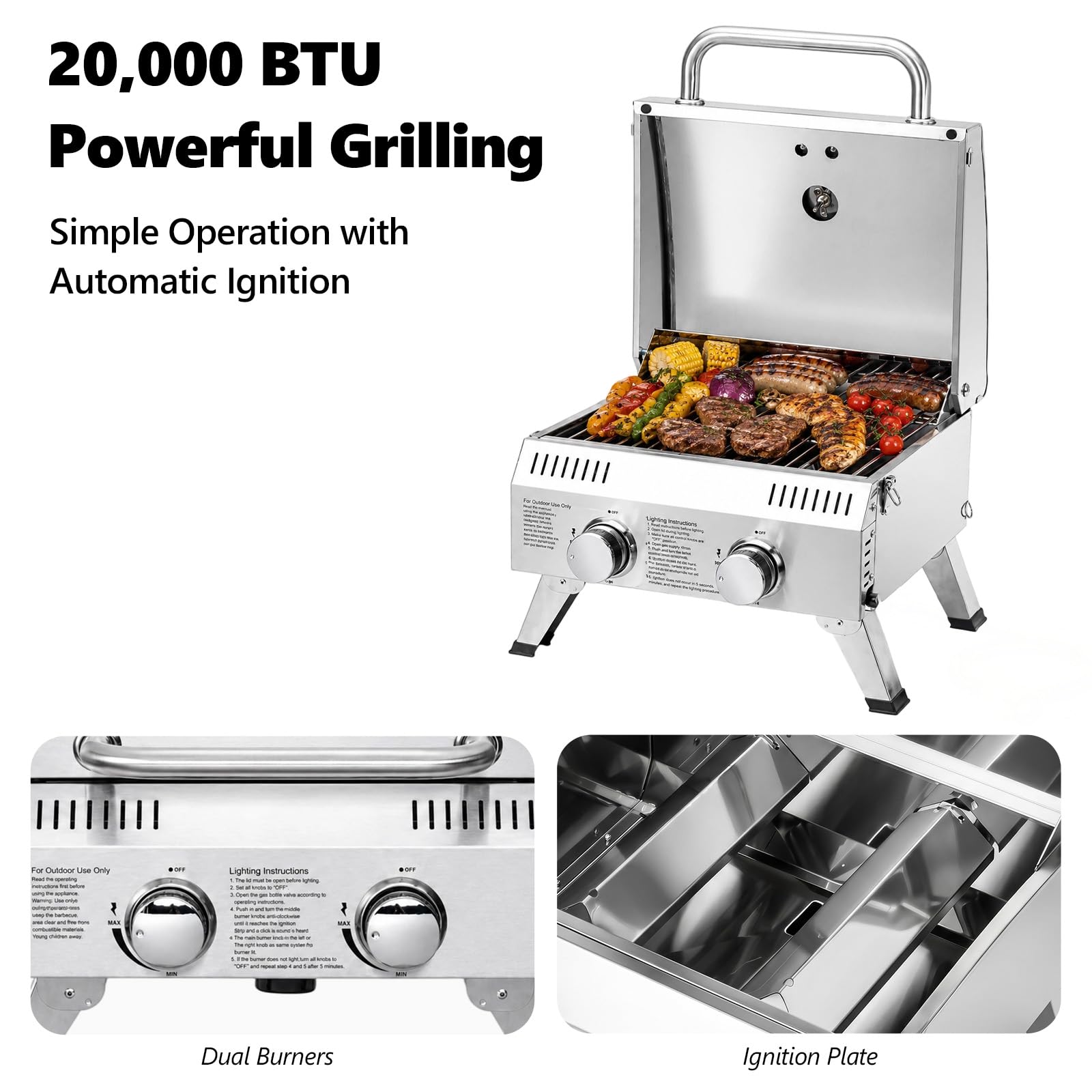 ROVSUN 2-Burner 20000 BTU Portable Propane Grill Tabletop with Igniter
