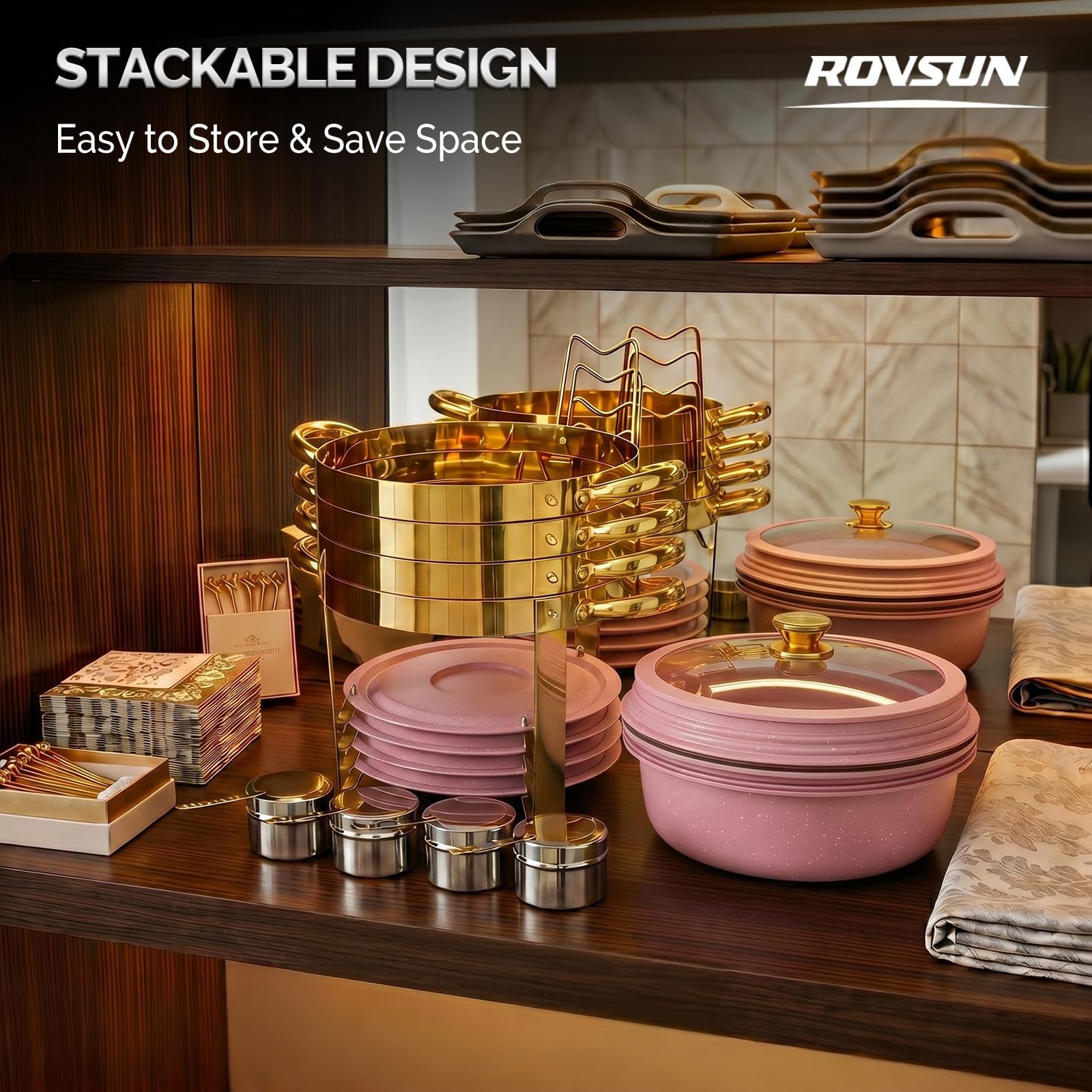 ROVSUN 5 QT Round Pink-Gold Chafing Dish Buffet Set with Lid Holder