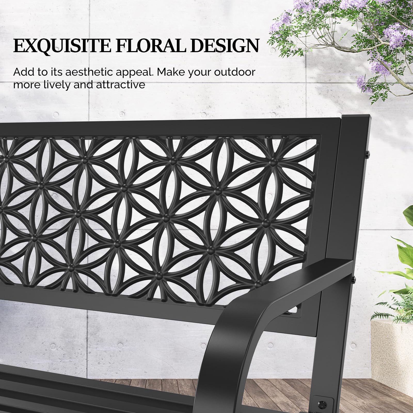 50" Outdoor Bench Metal with Floral Back Black