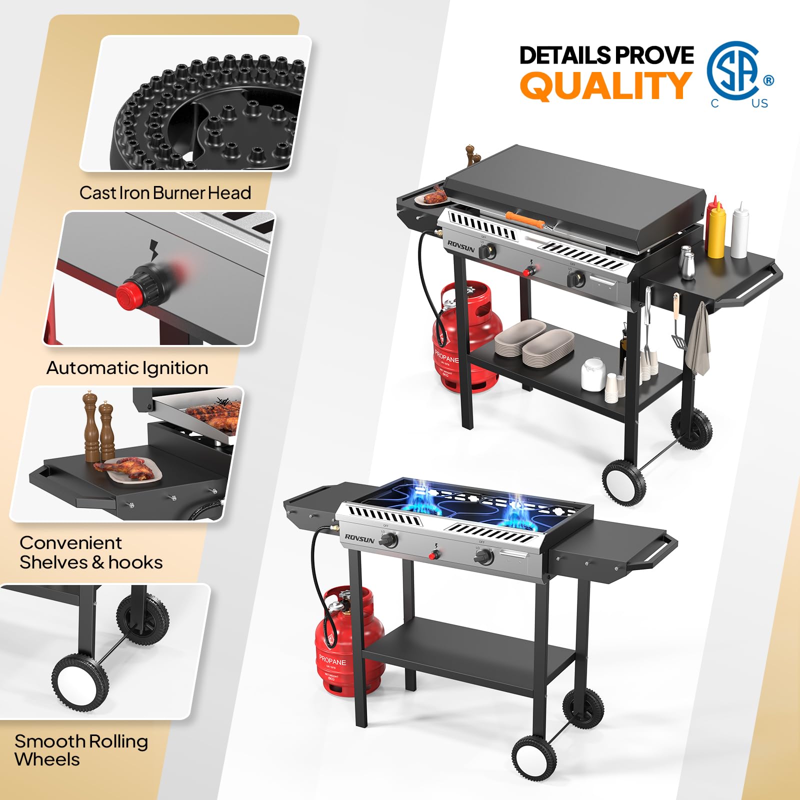 ROVSUN 2-in-1 150,000 BTU Gas Propane Stove & Griddle Combo with Side Shelves & Wheels