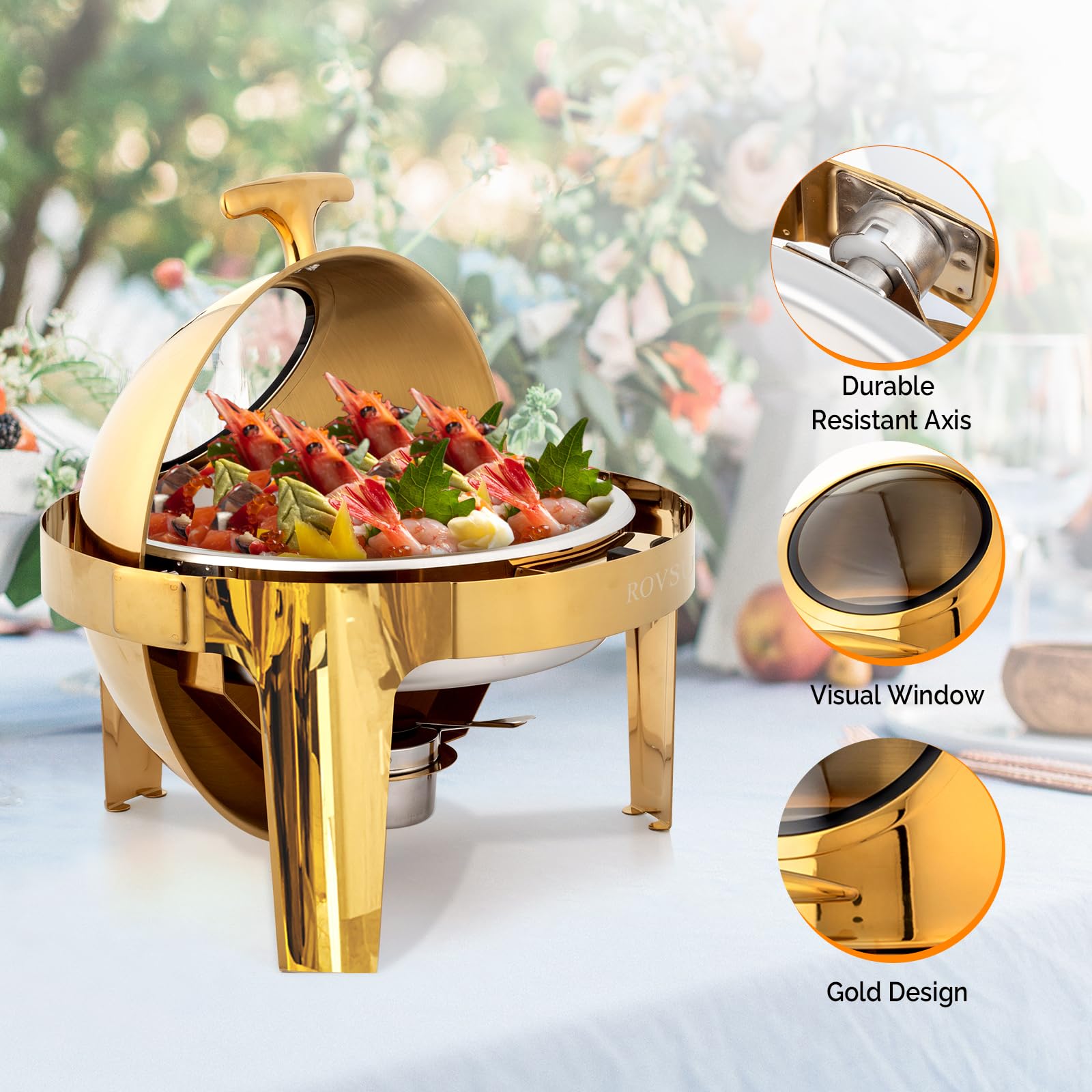 ROVSUN 6 QT Roll Top Round Gold Chafing Dish Set with Visible Window