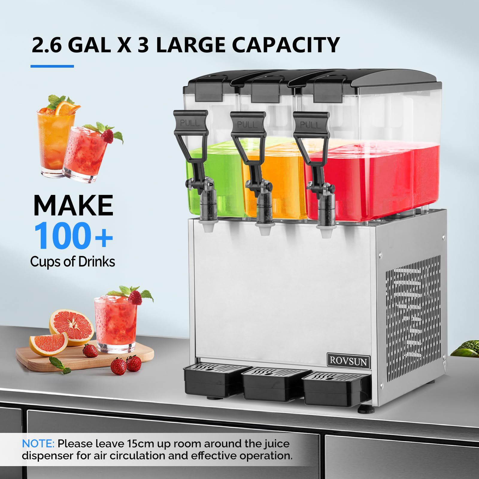 ROVSUN 7.8 Gallon 270W 110V 3 Tank Refrigerated Beverage Dispenser for Juice & Cold Drink