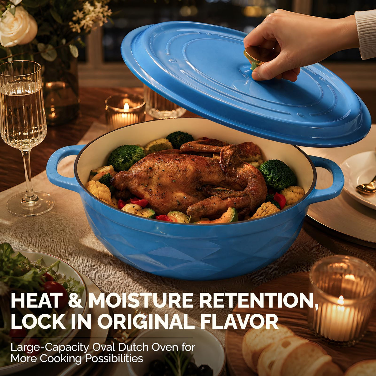 ROVSUN 7.5 QT Oval Enameled Cast Iron Dutch Oven Pot Blue