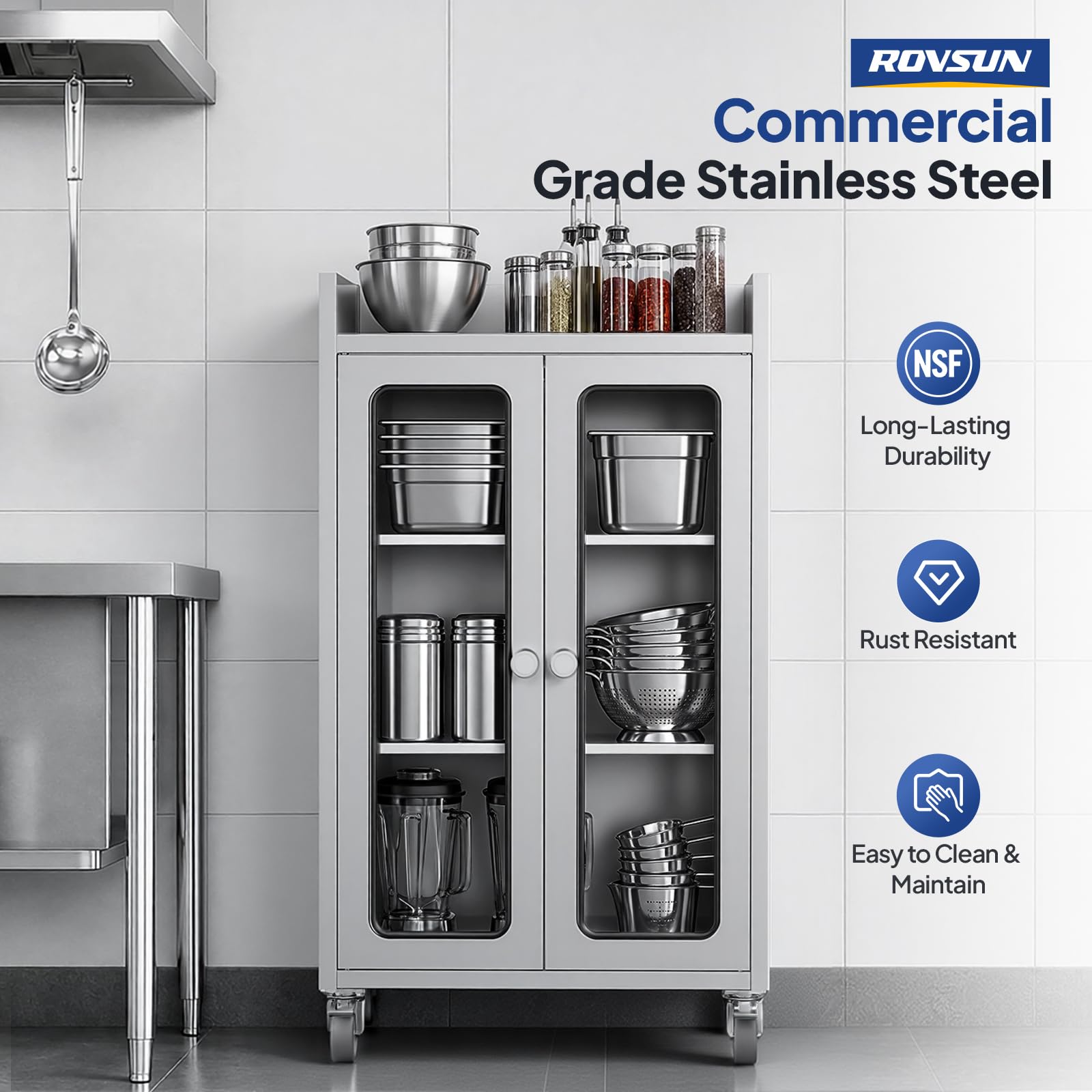 ROVSUN 24" x 16" Stainless Steel Table with Cabinet & Wheels