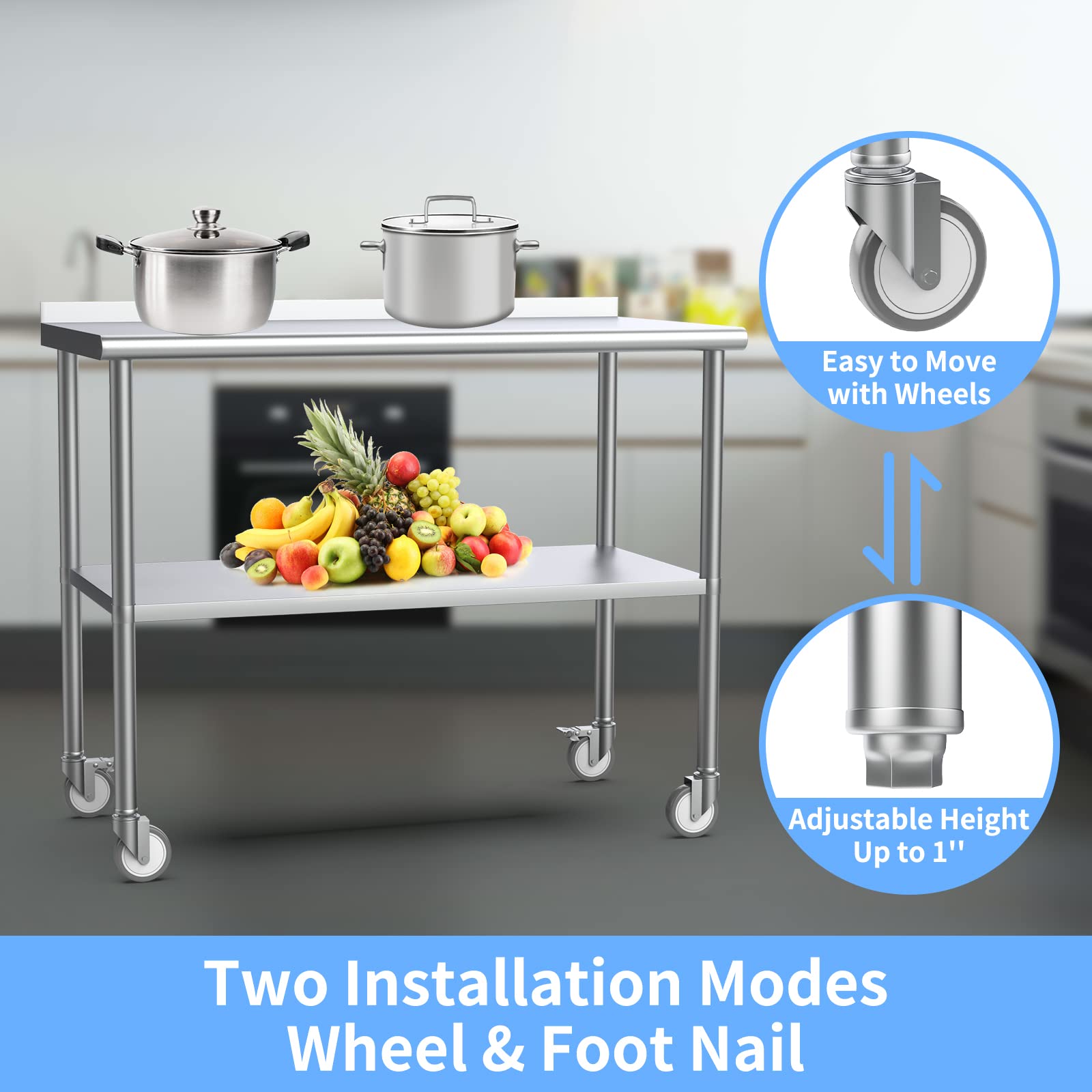 ROVSUN 36" x 24" Stainless Steel Table with Wheels