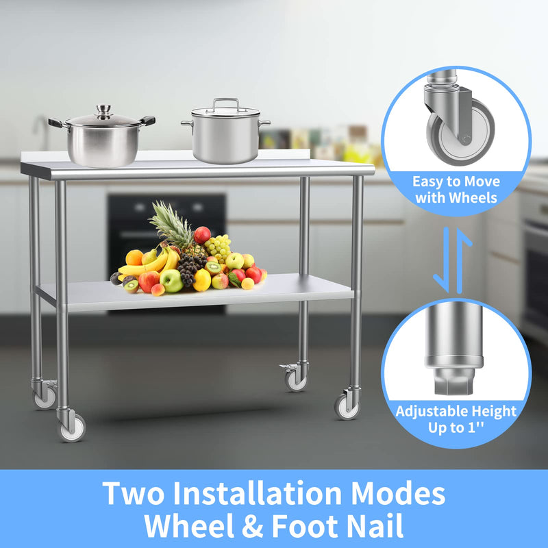 ROVSUN 36 x 24 Inches Kitchen Stainless Steel Table Heavy Duty Prep Work Table with Caster & Backsplash & Undershelf