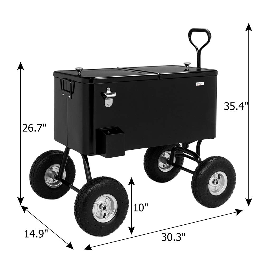 80 Quart Wagon Rolling Cooler Ice Chest with 10" Wheels Black