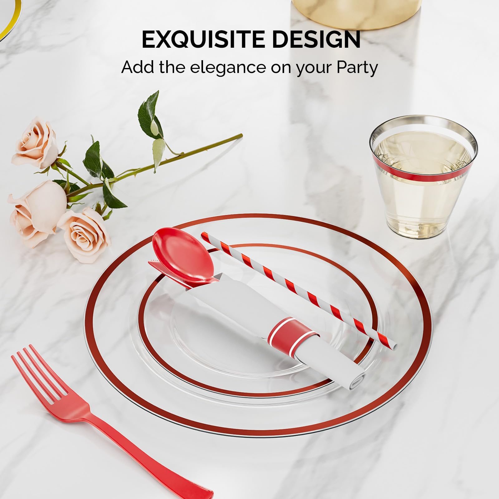 ROVSUN 400 Pieces Pre Rolled Napkins Red Disposable Plastic Dinnerware Set for 50 Guests
