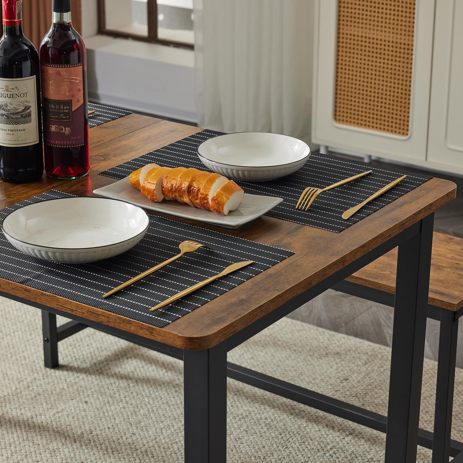 3 Piece Dining Table Set Expandable & Foldable Table with 2 Benches Black Brown