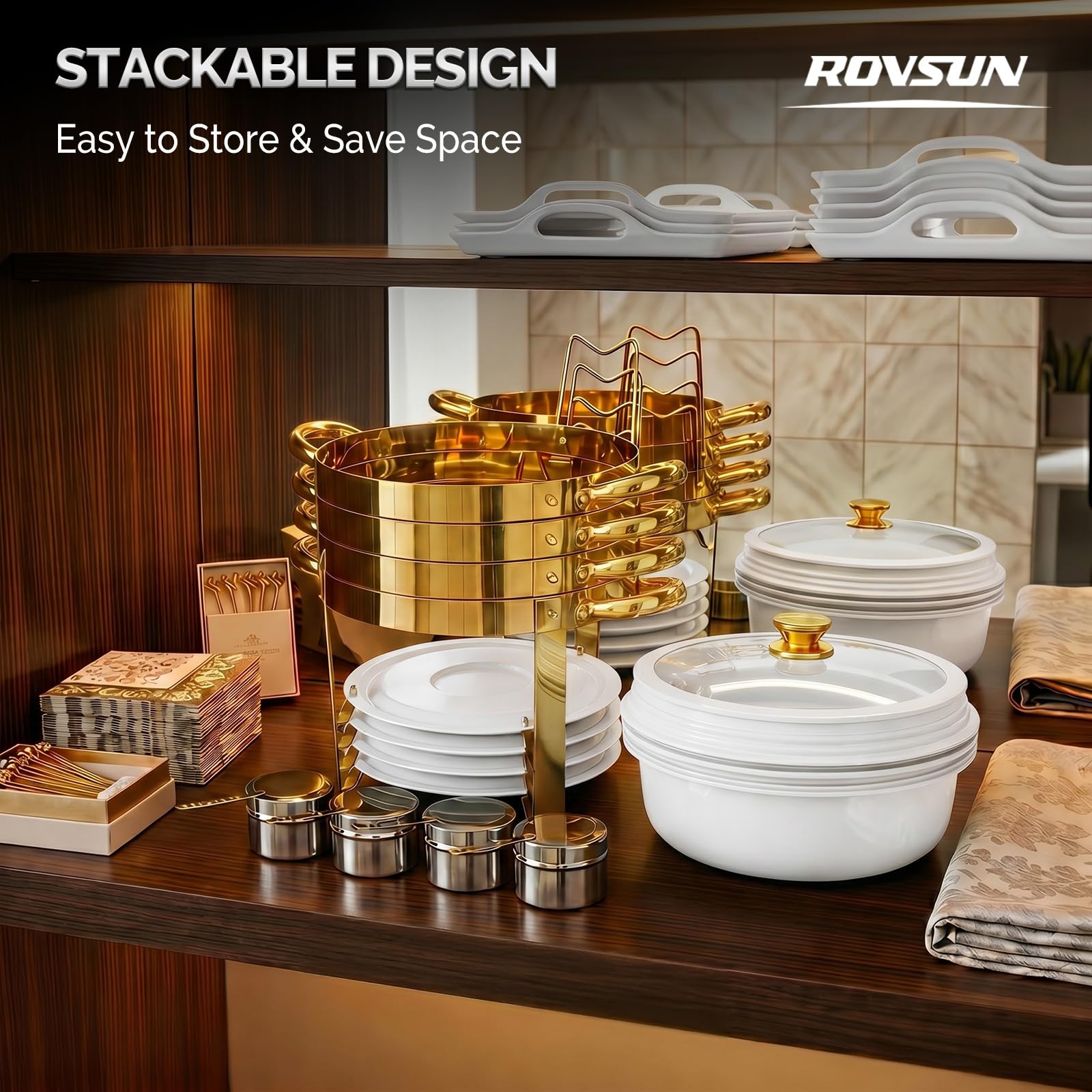 ROVSUN 5 QT Round White-Gold Chafing Dish Buffet Set with Lid Holder
