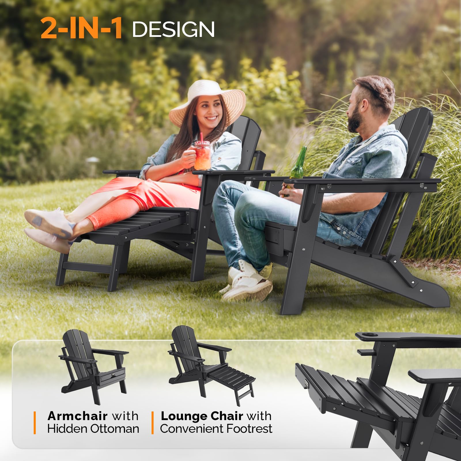 Plastic Folding HDPE Adirondack Chairs with Retractable Footrest Black