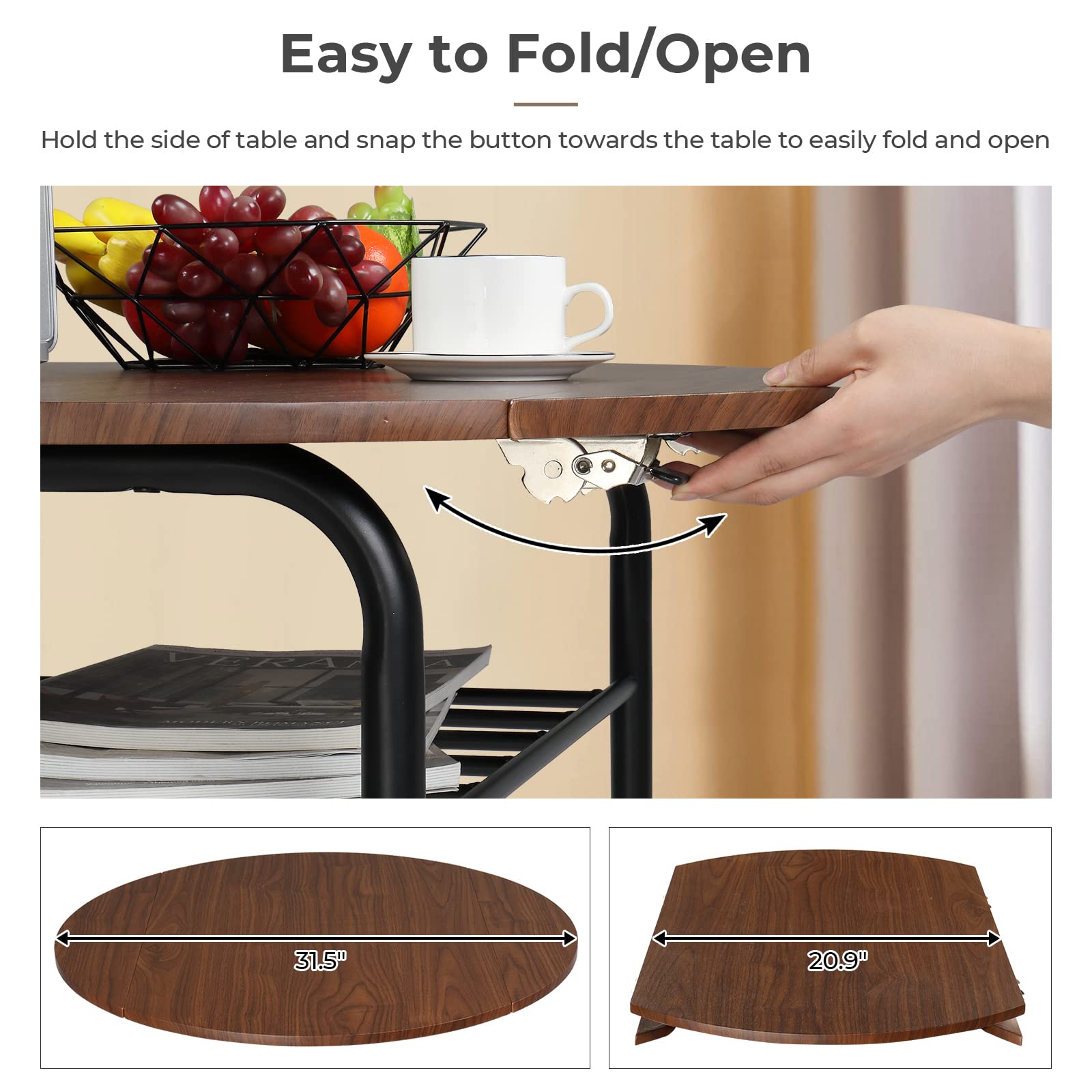 3 Piece Drop Leaf Dining Set Round Folding Table and 2 Chairs Black Brown