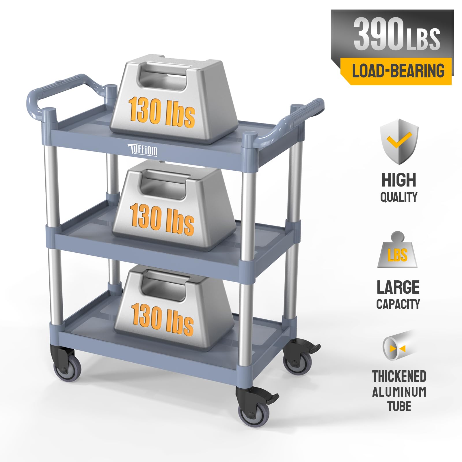 3-Tier 35" x 17" 390 lb. Capacity Plastic Utility Cart/Bussing Cart Grey