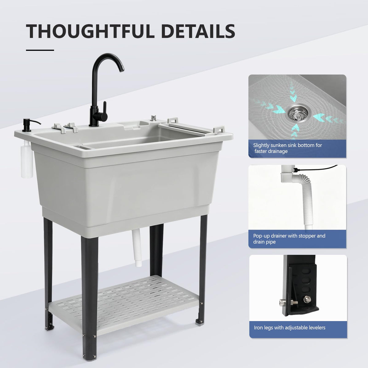 ROVSUN 32" X 24" Heavy Duty Plastic Laundry Tub with Storage Shelf Gray