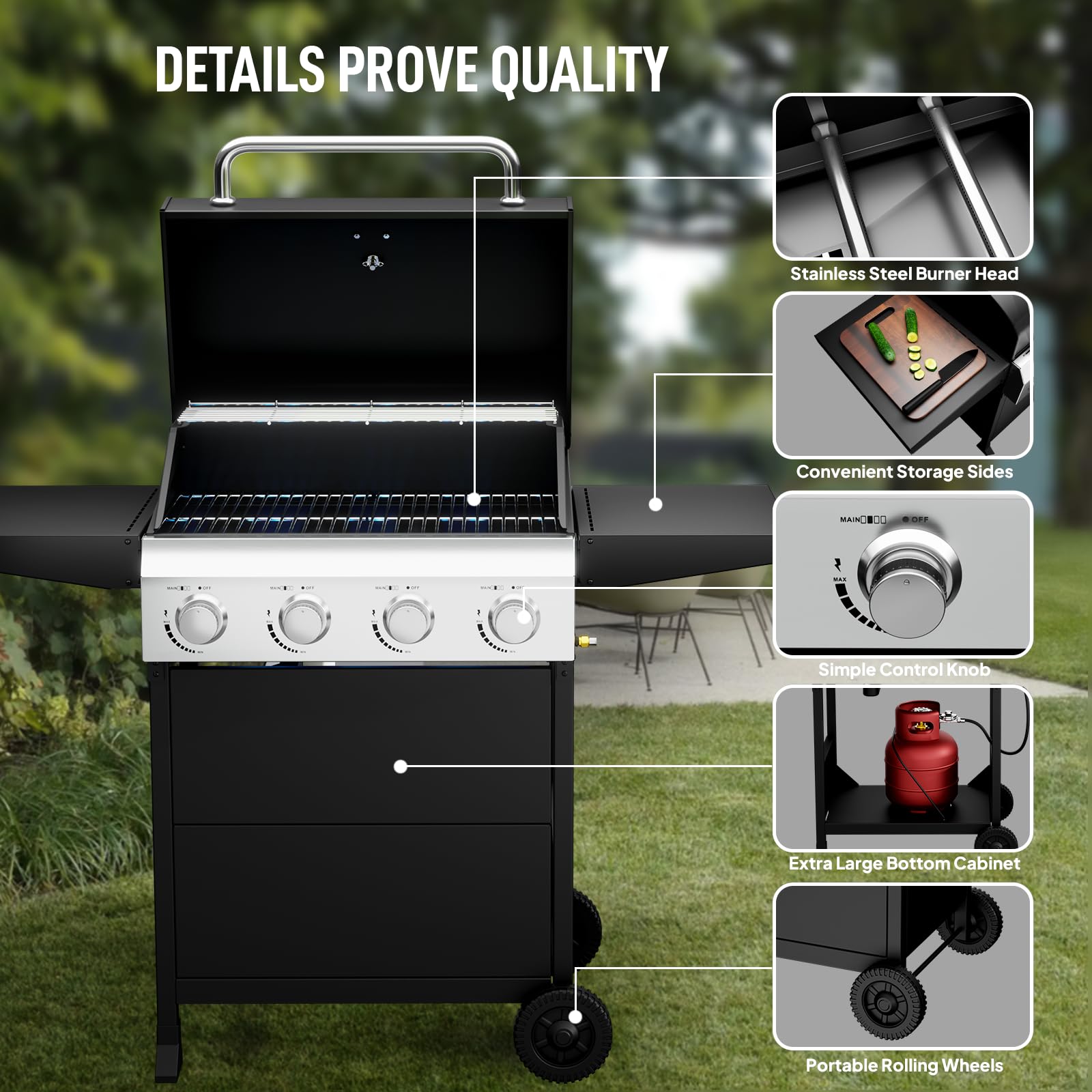 ROVSUN 4-Burner 40,000 BTU Propane Grill with Foldable Side Tables & Wheels