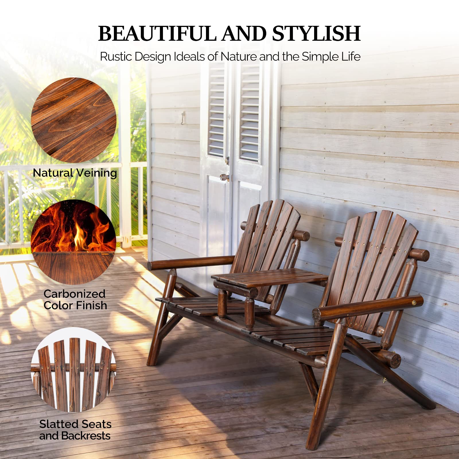61" Outdoor Bench Adirondack Bench with Built-in Table