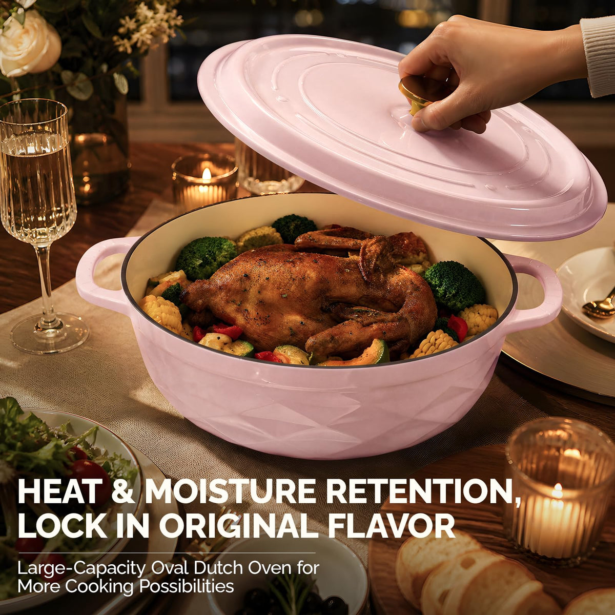 ROVSUN 7.5 QT Oval Enameled Cast Iron Dutch Oven Pot Pink
