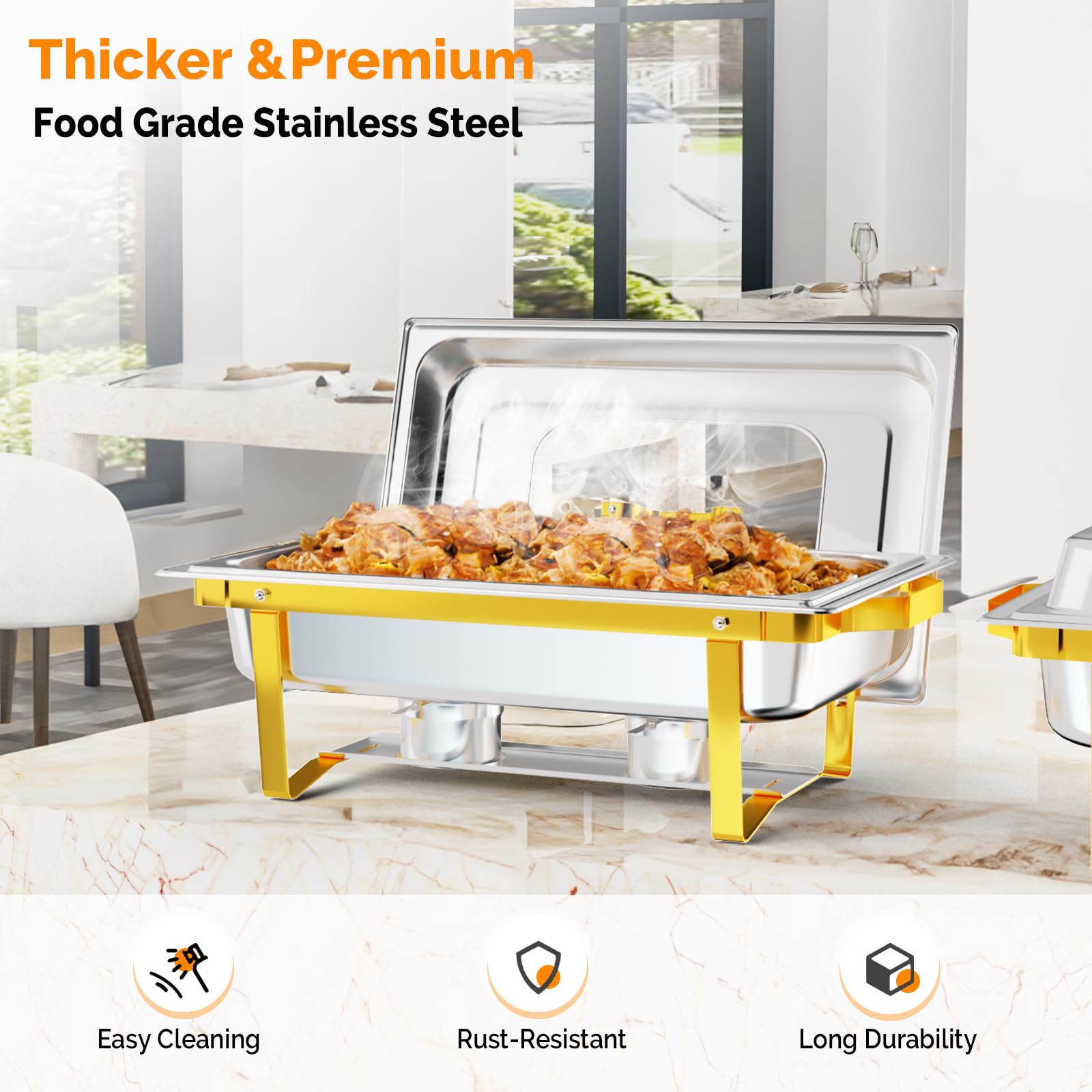 ROVSUN 9 QT Rectangle Gold Chafing Dish Set with Glass Lid & Full Size Pans
