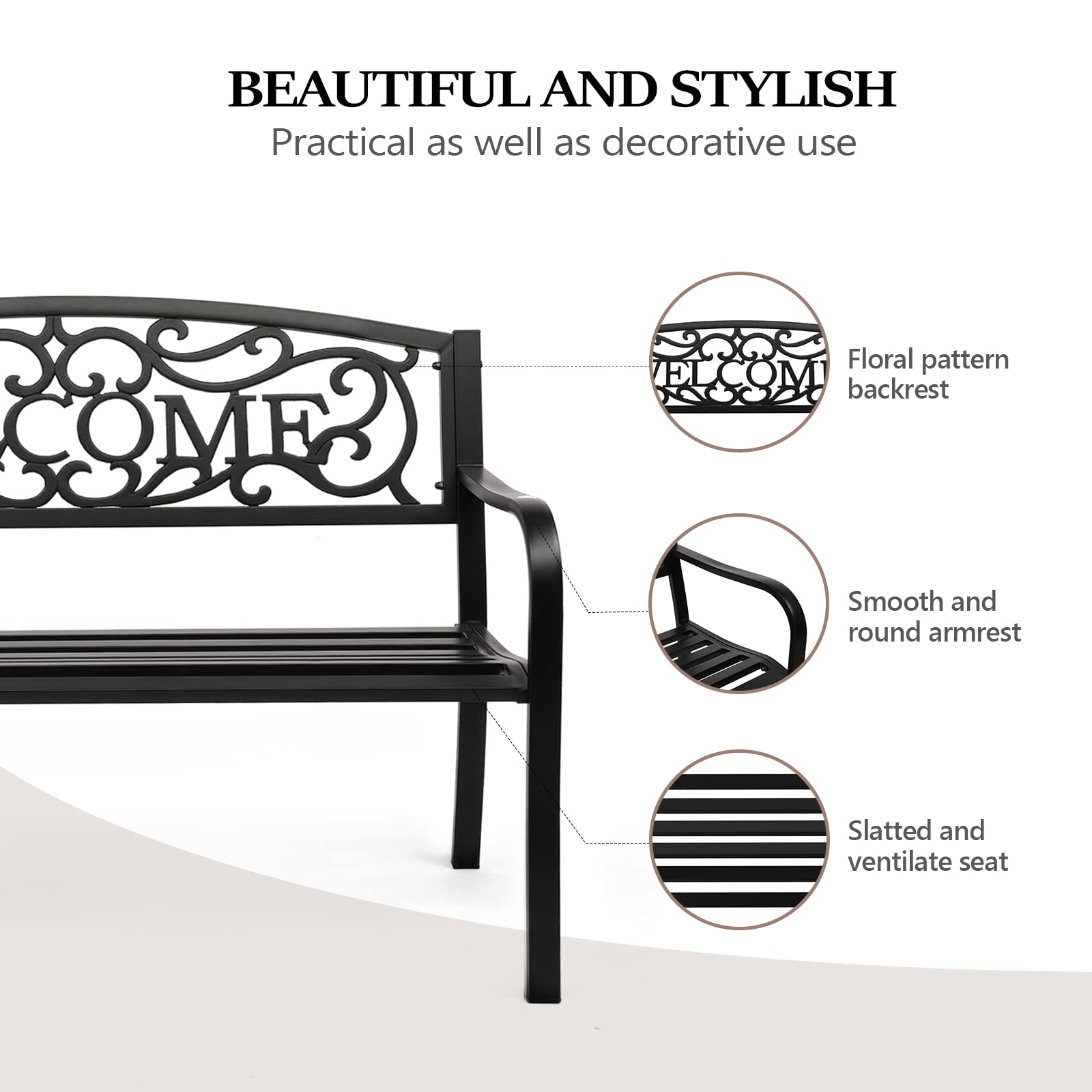 50" Outdoor Bench Metal with Welcome Back