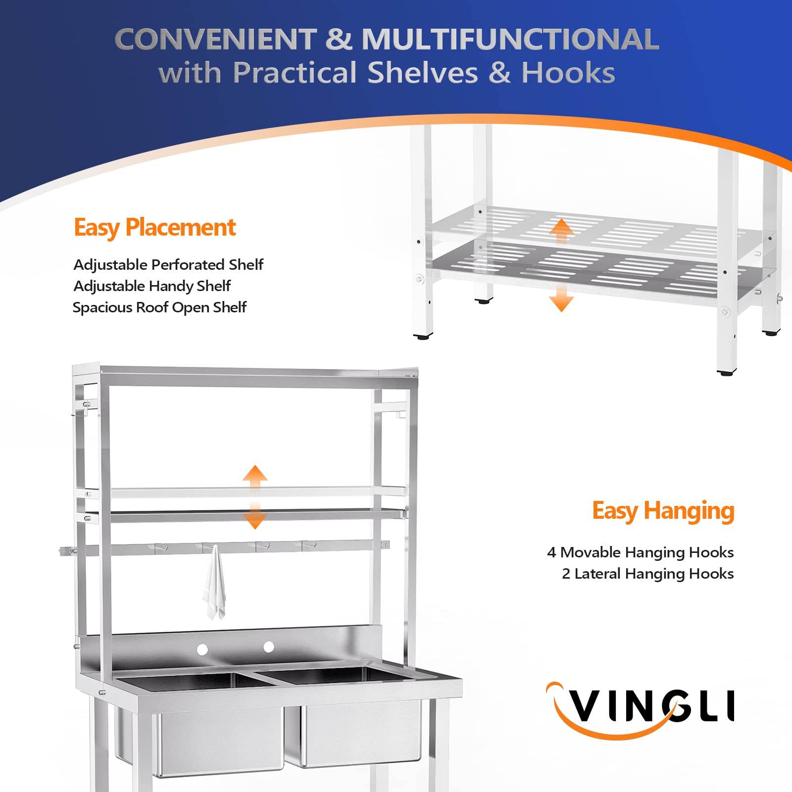 ROVSUN 36" x 21" Two Compartment Stainless Steel Sink with Shelves